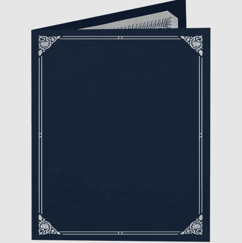 LUXPaper Certificate Holders for 8 1/2 x 11 Documents, 100 lb, Nautical Blue Linen, Silver Foil Floral Border, 25 Pack, Size 9 1/2 x 12