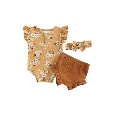 

Qtinghua 3Pcs Newborn Baby Girls Summer Clothes Ruffle Sleeve Floral Romper Ribbed Bloomer Shorts Headband Outfits Caramel 0-3 Months