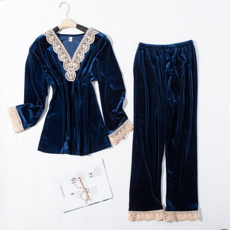 

XIAOFFENN Nightgown Women s Gold Velvet Embroidered lace Long Sleeve Shirt Trousers Pajama