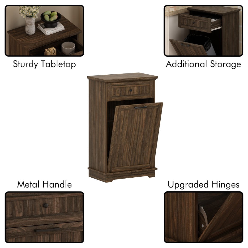 10 Gallon Tilt Out Trash Cabinet, Freestanding Garbage Can Storage with Drawer, Kitchen Recycling Cabinet, Antique Brown Trash Bin Holder, Antique Brown