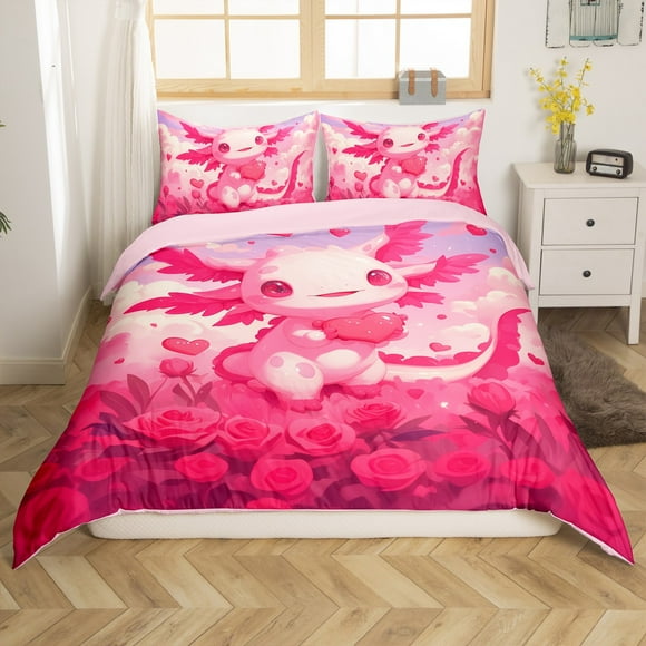 Erosebridal Housse de Couette Axolotl Mignonne Très Grand, Ensemble de Literie Kawaii Cœur Rose, Déco de Chambre pour Filles Enfants, 3 Pcs (Sans Couette)