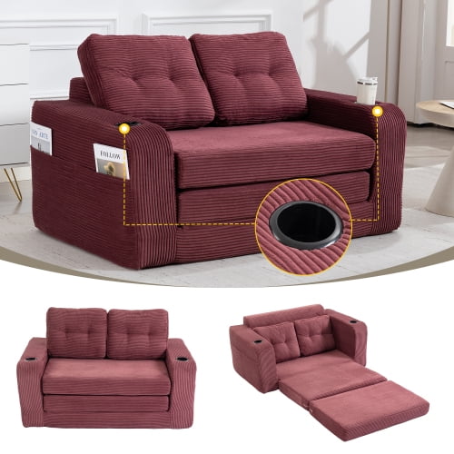 54" Convertible Sleeper Loveseat Couch, Pull-Out Couch Bed with Corduroy Fabric, Convertible Loveseat Sofa Bed with Memory Foam for Lounge, WINE RED