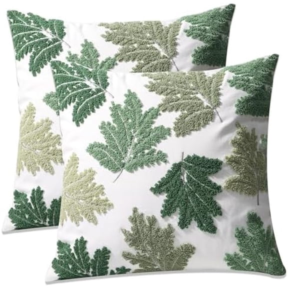 Set of 2 Embroidered Decorative Throw Pillow Covers Couch Square Pillowcases Cushion for Bedroom Sofa Farmhouse Decor 18x18 Inch (Green Maple Leaf)