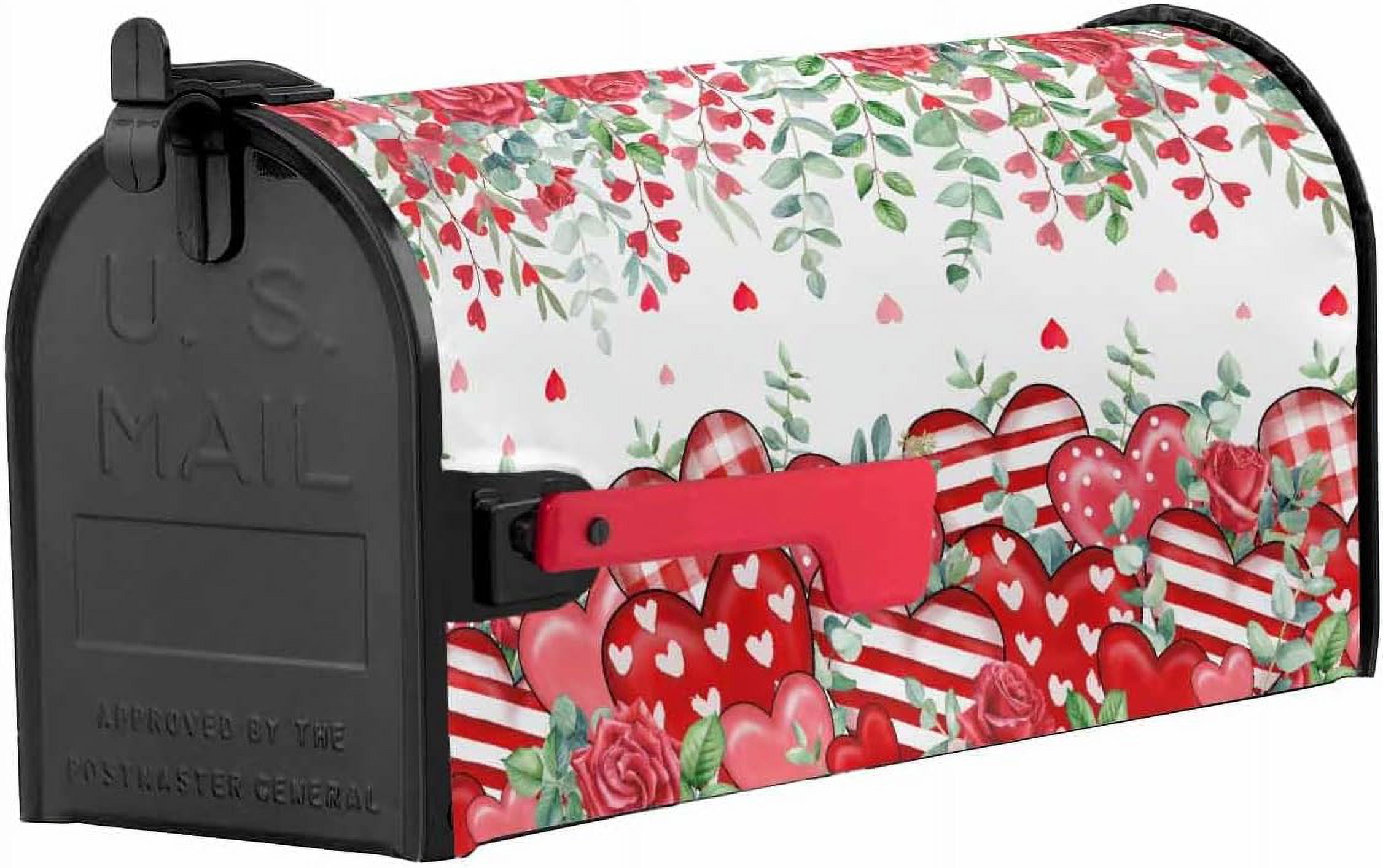 Valentine''s Day Red Love Heart Mailbox Cover Rose Floral Magnetic Mailbox Wraps, Eucalyptus Leaves Mailbox Covers Large Size 21x25.5 Inch Mail Wrap Post Letter Box Decoration for Outdoor Gardern Yard