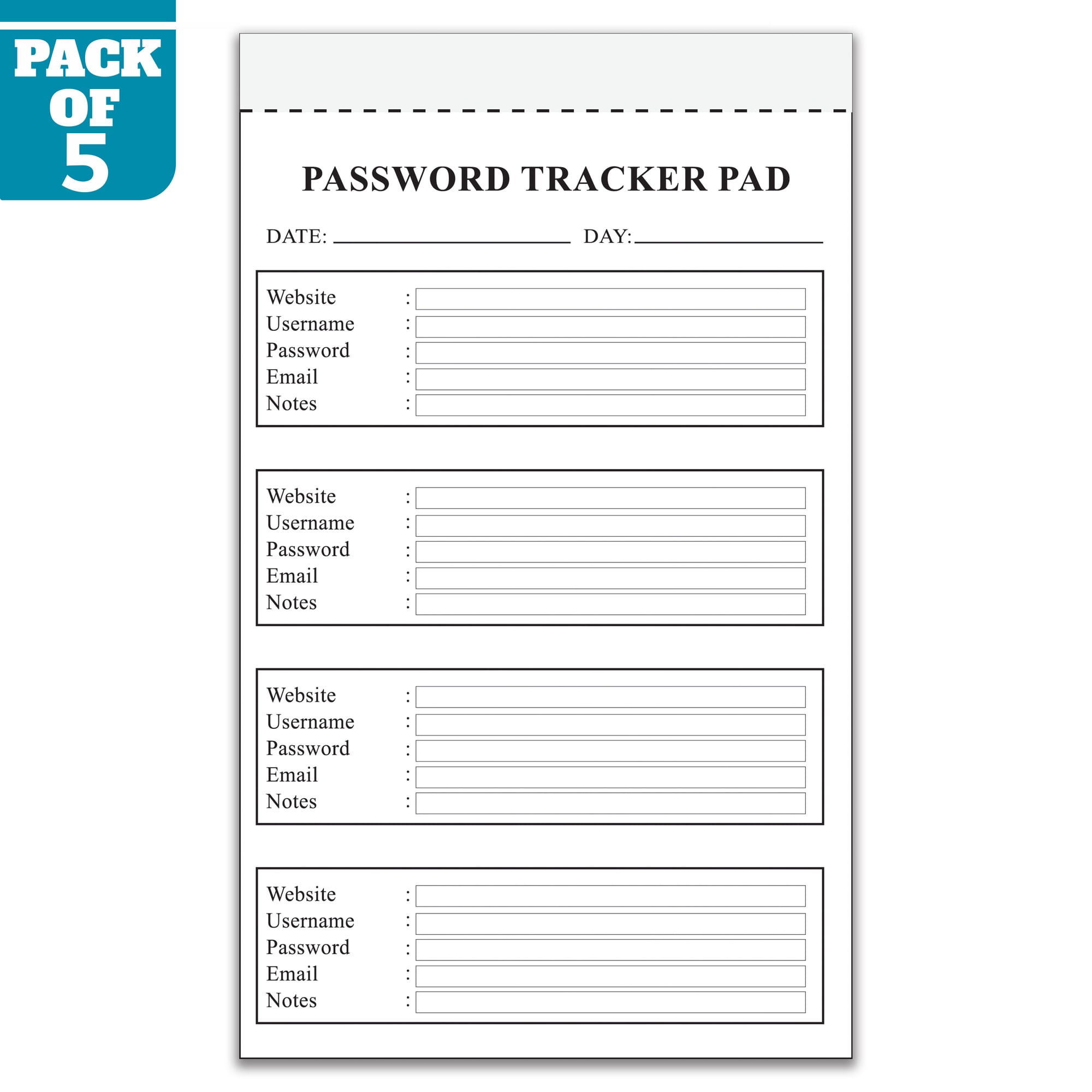 Password Tracker Pad 5.5 x 8.5 Inch, Pack of 5 Password Organizer Notepads, Internet Login Tracker, Account Password Log Book, Website Login Record, 50 Sheets Per Pad, Made in USA