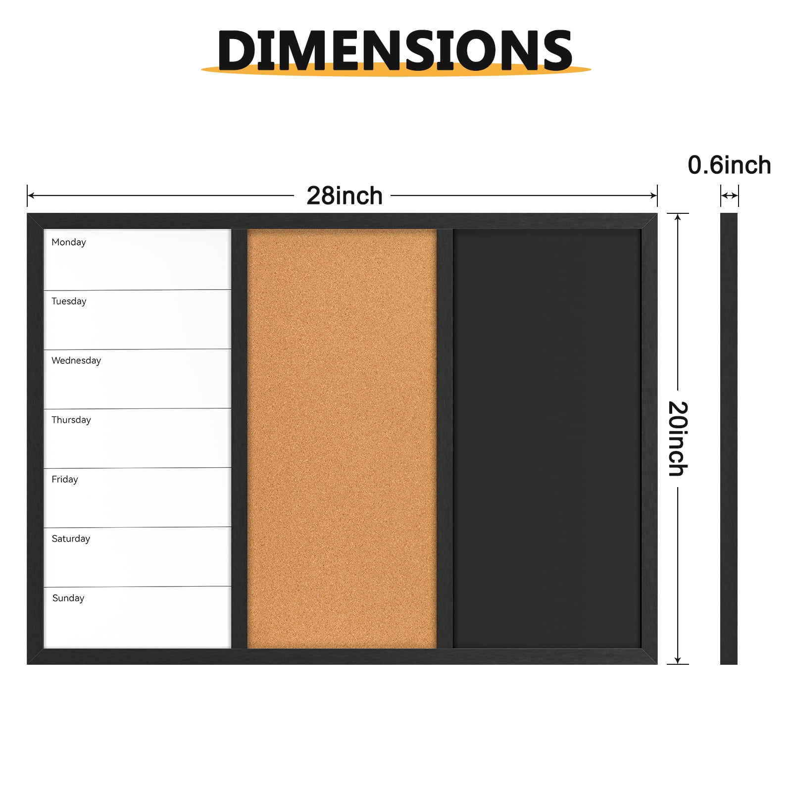 3 In 1 Magnetic Whiteboard Corkboard Chalkboard Combo Wall Board Combination Board Cork/Whiteboard/Chalkboard Combo Bulletin Dry Erase Calendar Whiteboard Weekly Message Organizer 20"x28", Black