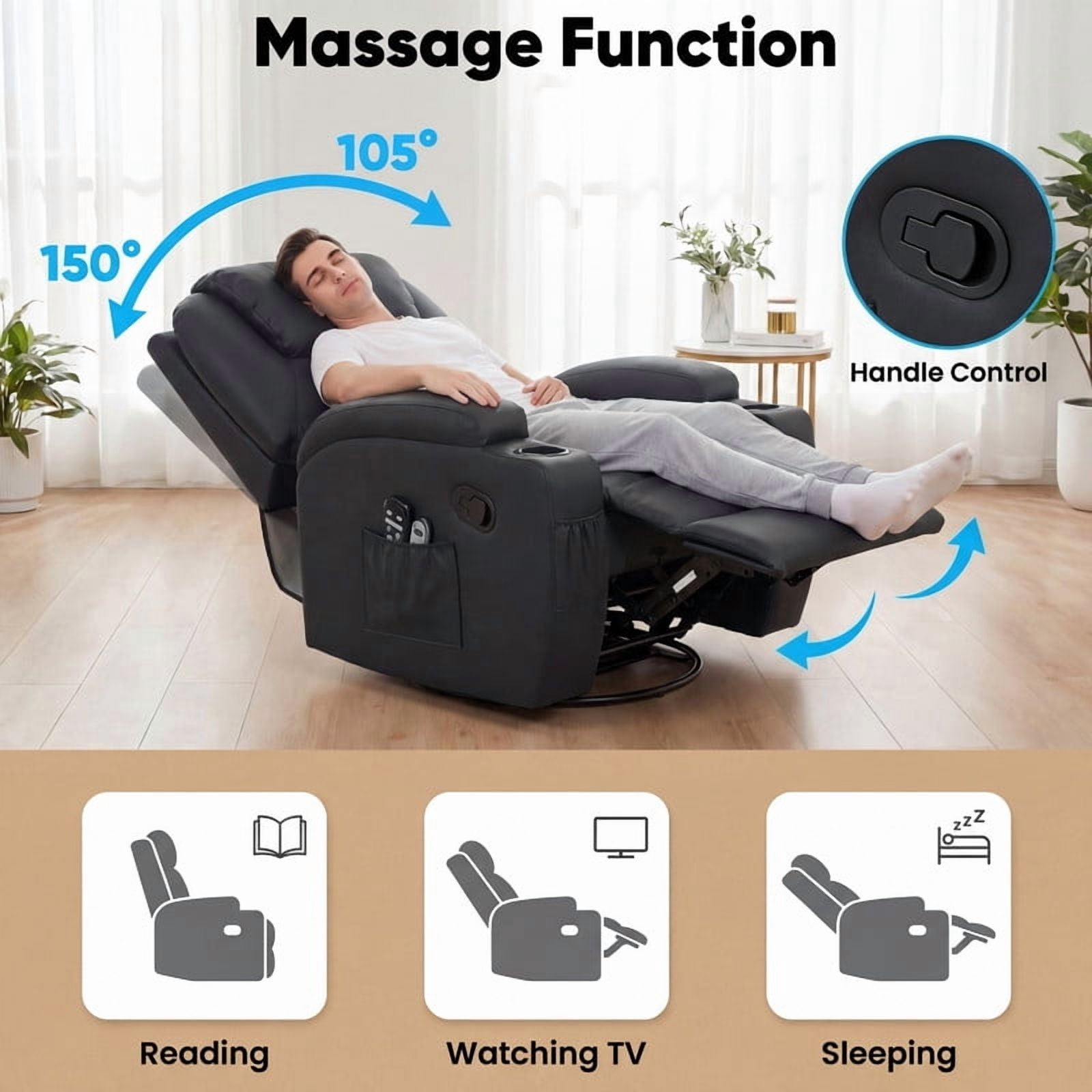 Lacoo PU Leather Swivel Rocker Recliner with Massage for Living Room Small Spaces Lounge Recliner Chair with Side Pockets for Adults,PU Black