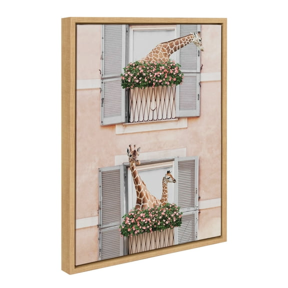 Kate and Laurel Sylvie Giraffe Neighbors Framed Canvas Wall Art by July Art Prints, 18x24 Natural, Zoo Animal City Wall Art Decor