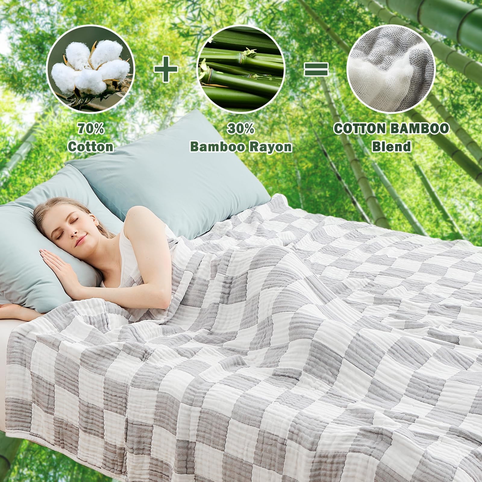 EMME Checkered Blanket Cotton Queen Size for Bed Soft Large 6 Layer Muslin Bed Blankets 80"x90" Lightweight Breathable Blanket All Season Gauze Blanket, Checkeredboard Grey