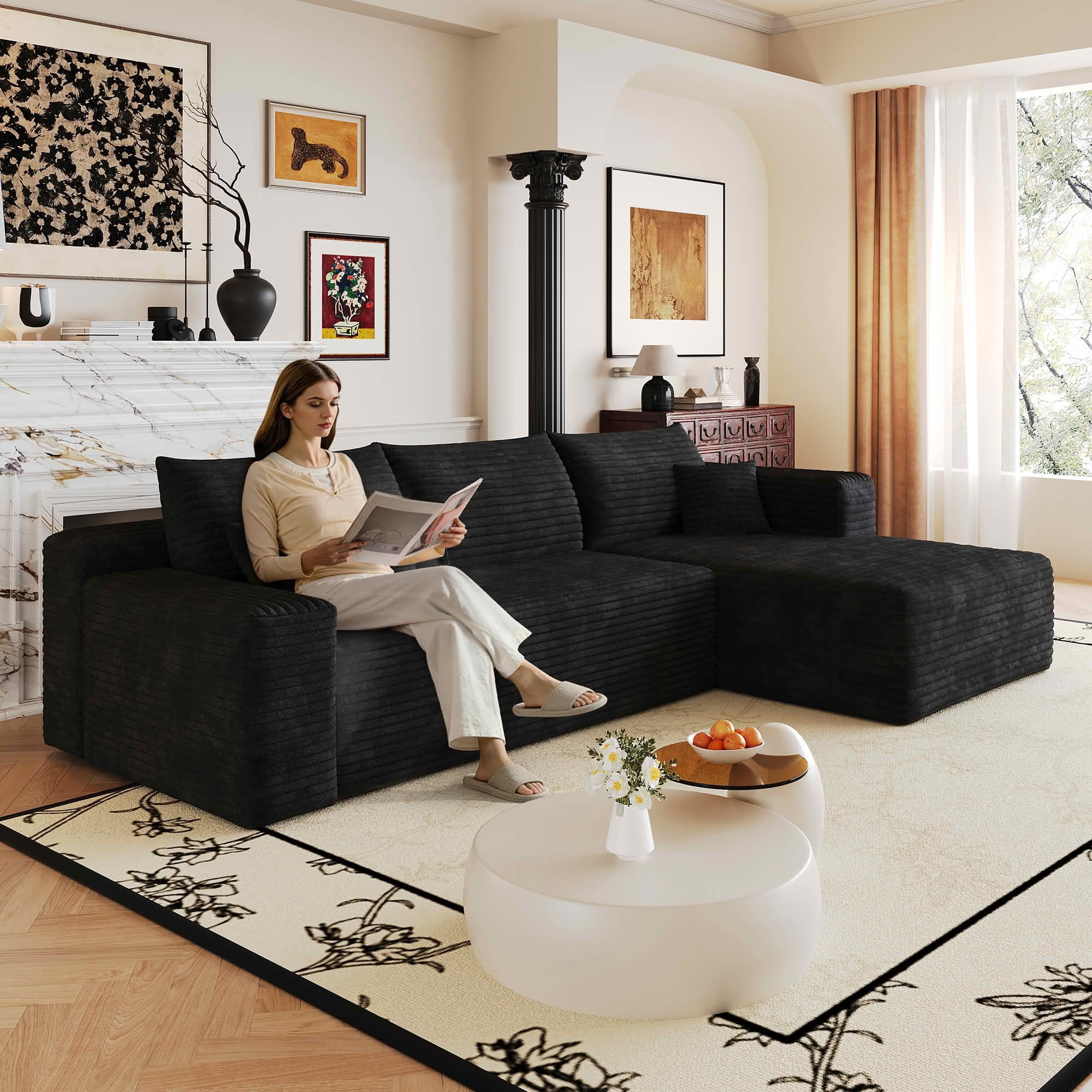 MAYEERTY 103 Inch Cloud L Shaped Sectional Sofa, Plush Corduroy Deep Seat Corner Couch, No Assembly Required Modern Minimalist Sofa for Living Room