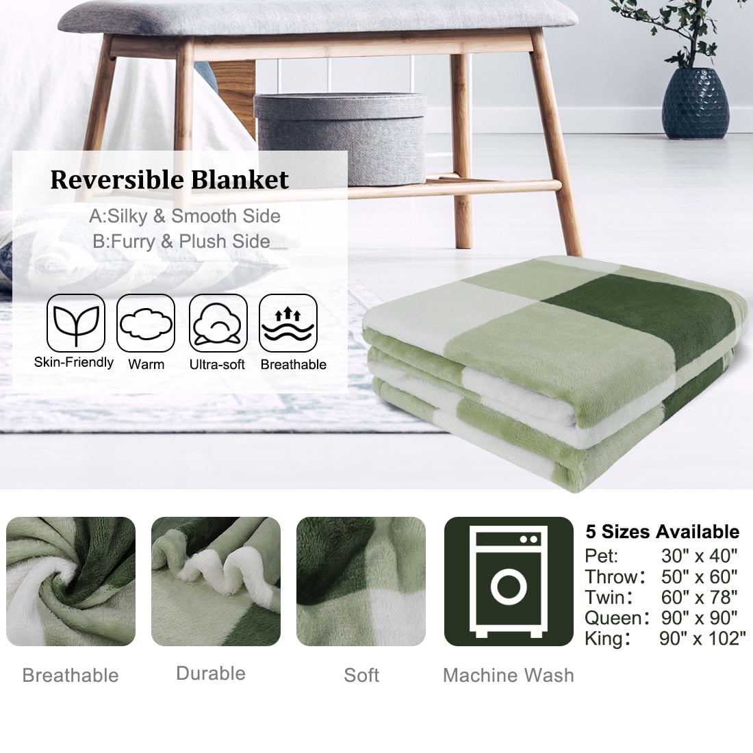 Unique Bargains Plush Buffalo Reversible Plaid Flannel Fleece Blanket, Throw, Green White