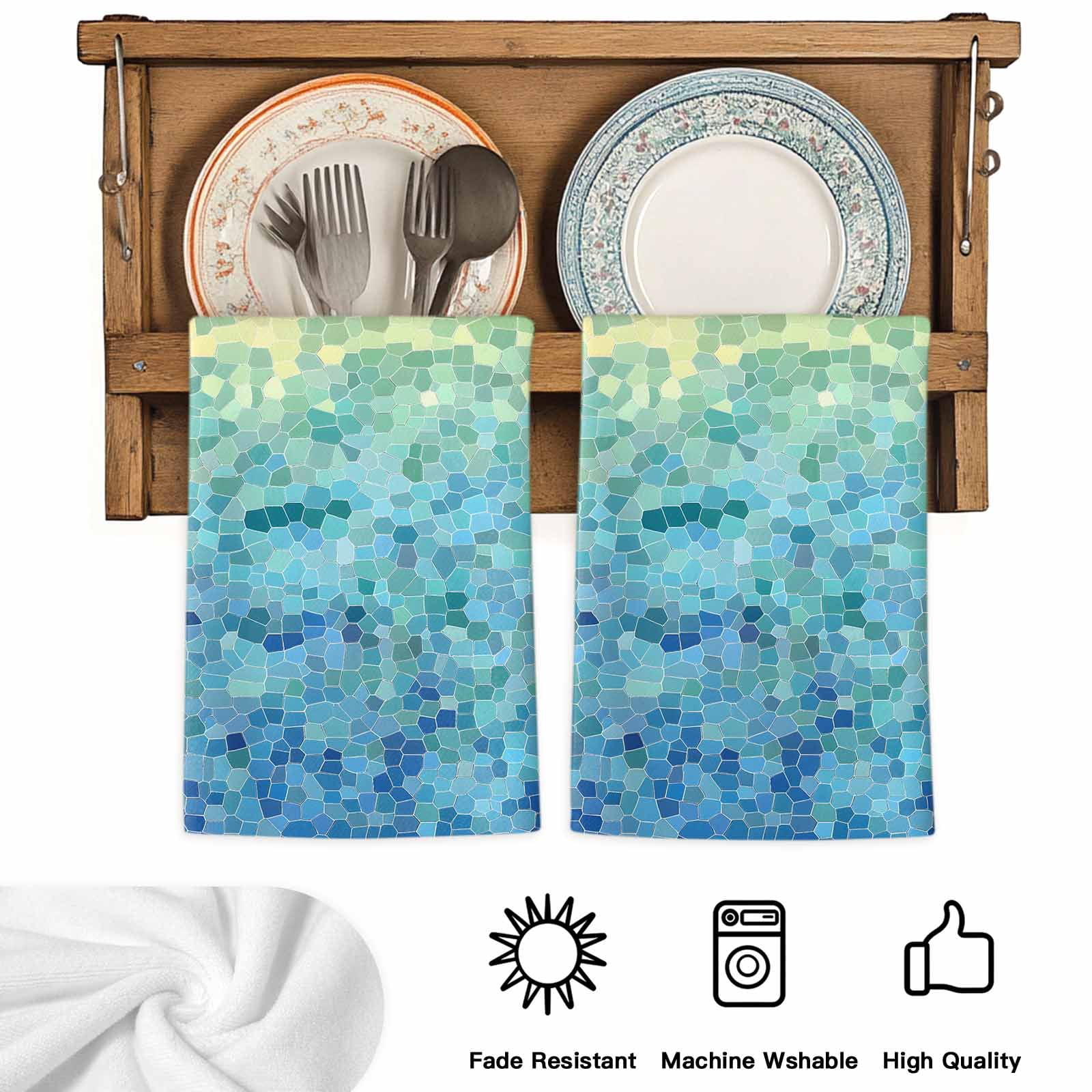 Turquoise Blue Teal Kitchen Towels Set of 2, Chic Stained Glass Texture Aesthetic Absorbent Dish Towels for Kitchen, Microfiber Hand Towel, Quick Drying Tea Towel for Cleaning Decorative Dishcloths