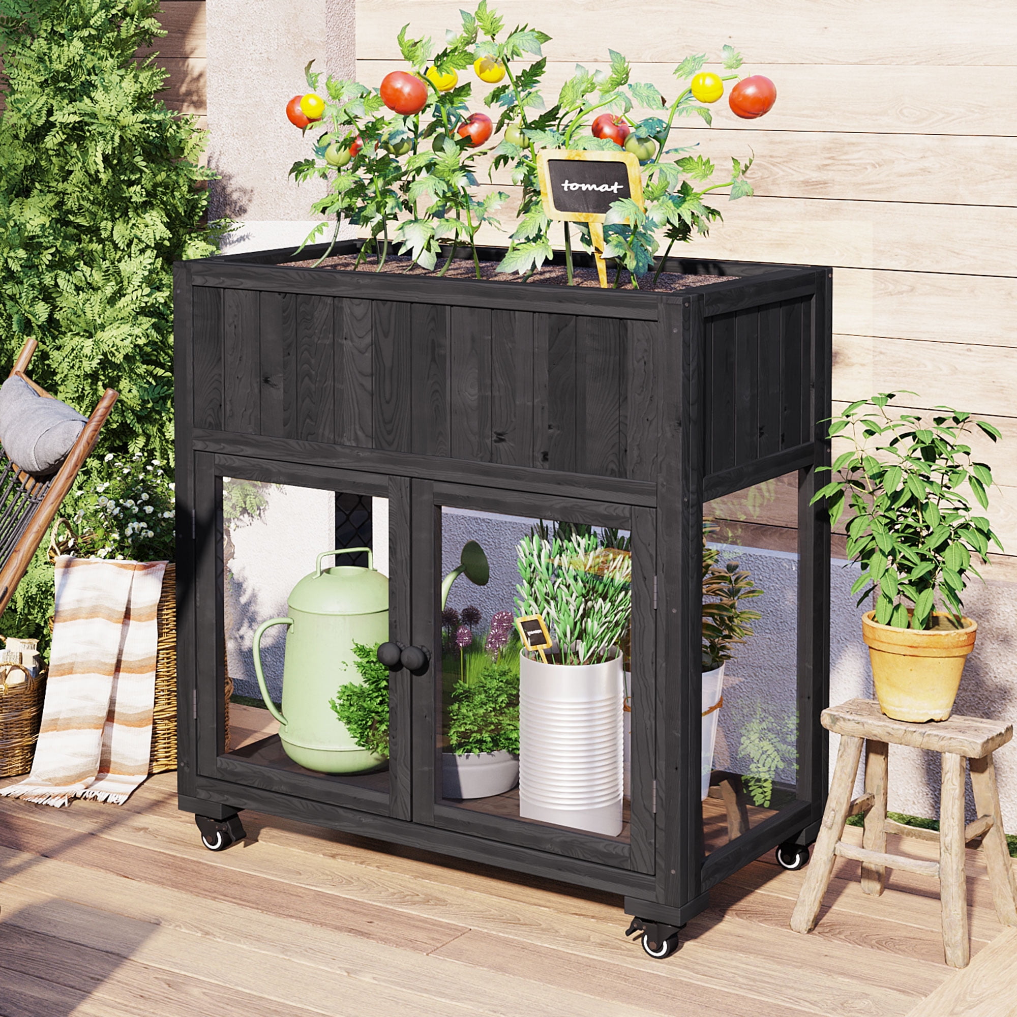 Yoneston Patio Mini Wood Cold Frame, 35.4''x17.7''x37.4'',Compact 2 Doors Garden Greenhouse with Wheels, Raised Bed with Liner for Indoor Outdoor Use, Black