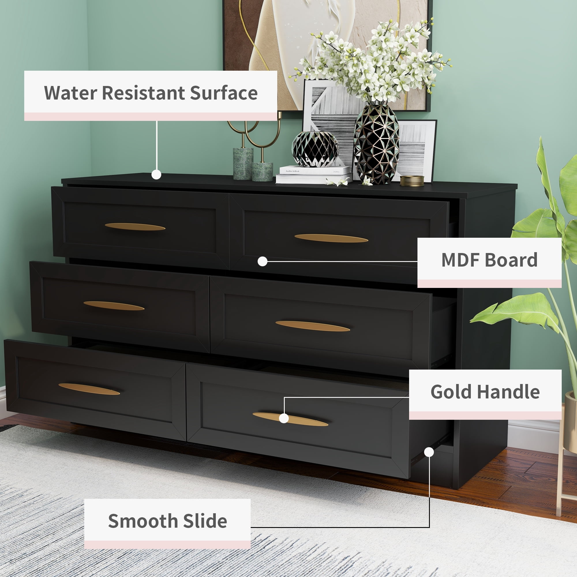 Tolead Modern 6 Drawer Tall Bedroom Dresser, Black Chest with Gold Handles,  Sturdy - Walmart.com