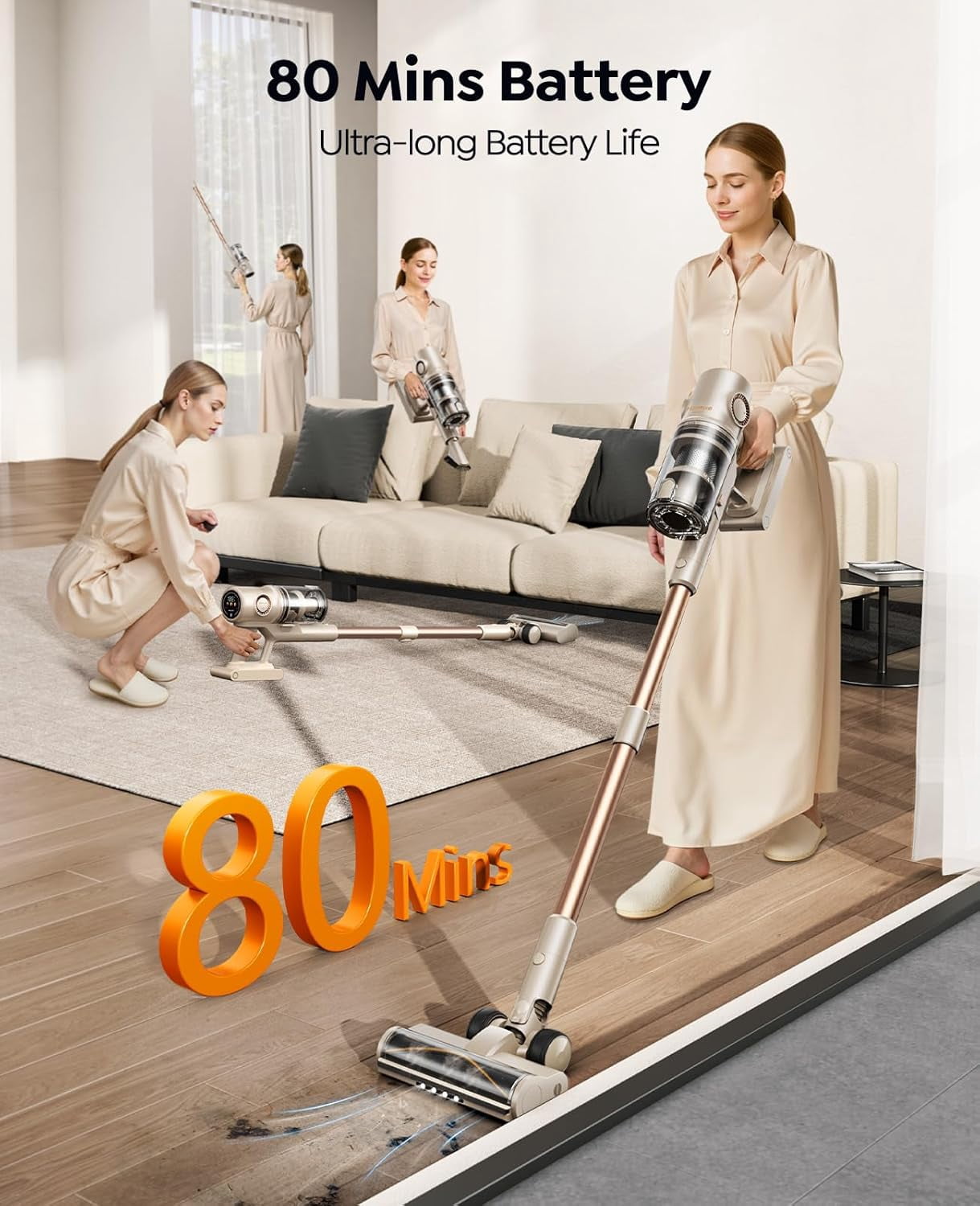 Cordless Stick Vacuum Cleaner, 50kPa, up to 80 minutes runtime, self-standing, touch screen, anti-tangle,for Carpet,Hard Floor, Pet Hair