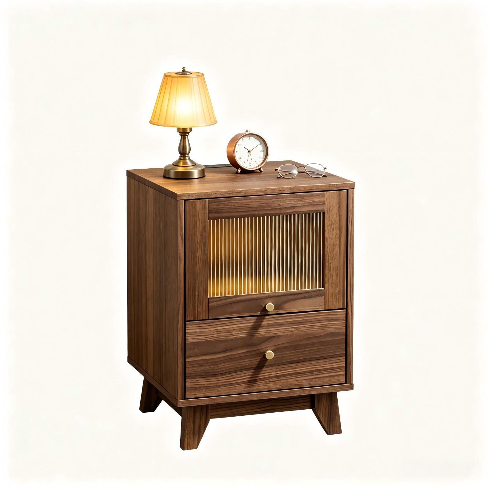 2-Drawer Bedside Table with Frosted Glass, Socket, and 16-Color Light, Walnut, 15.75 x 13.74 x 24.6 in