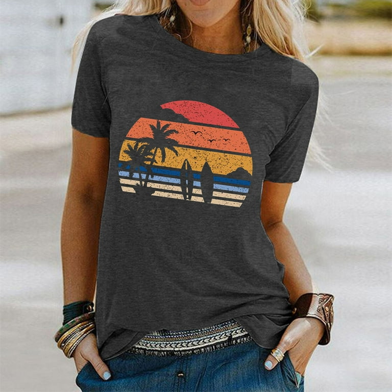HAPIMO Sales Shirts for Women Beach Sunset Graphic Print Tee Shirt Womens  Summer Fashion Tops Casual Raglan Short Sleeve Shirt Classic-Fit Crewneck