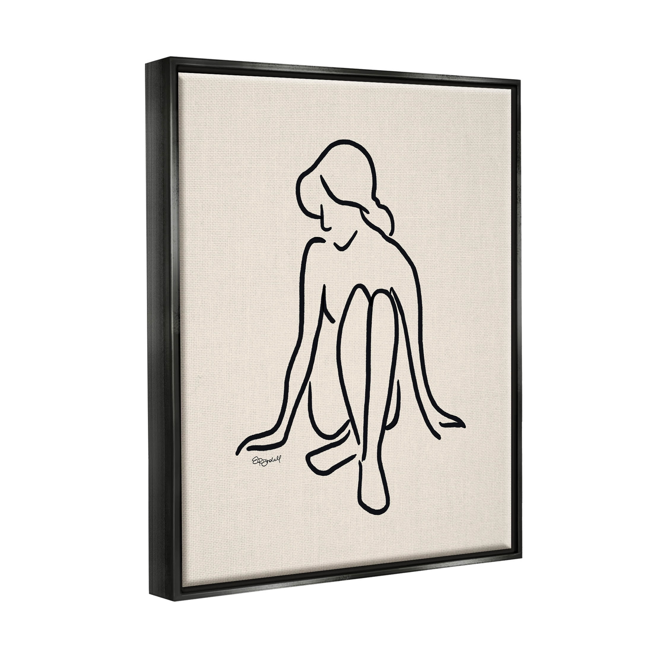 Stupell Industries Relaxing Girl Doodle Style Line Drawing Graphic Art Jet Black Floating Framed Canvas Print Wall Art, Design by Elizabeth Tyndall