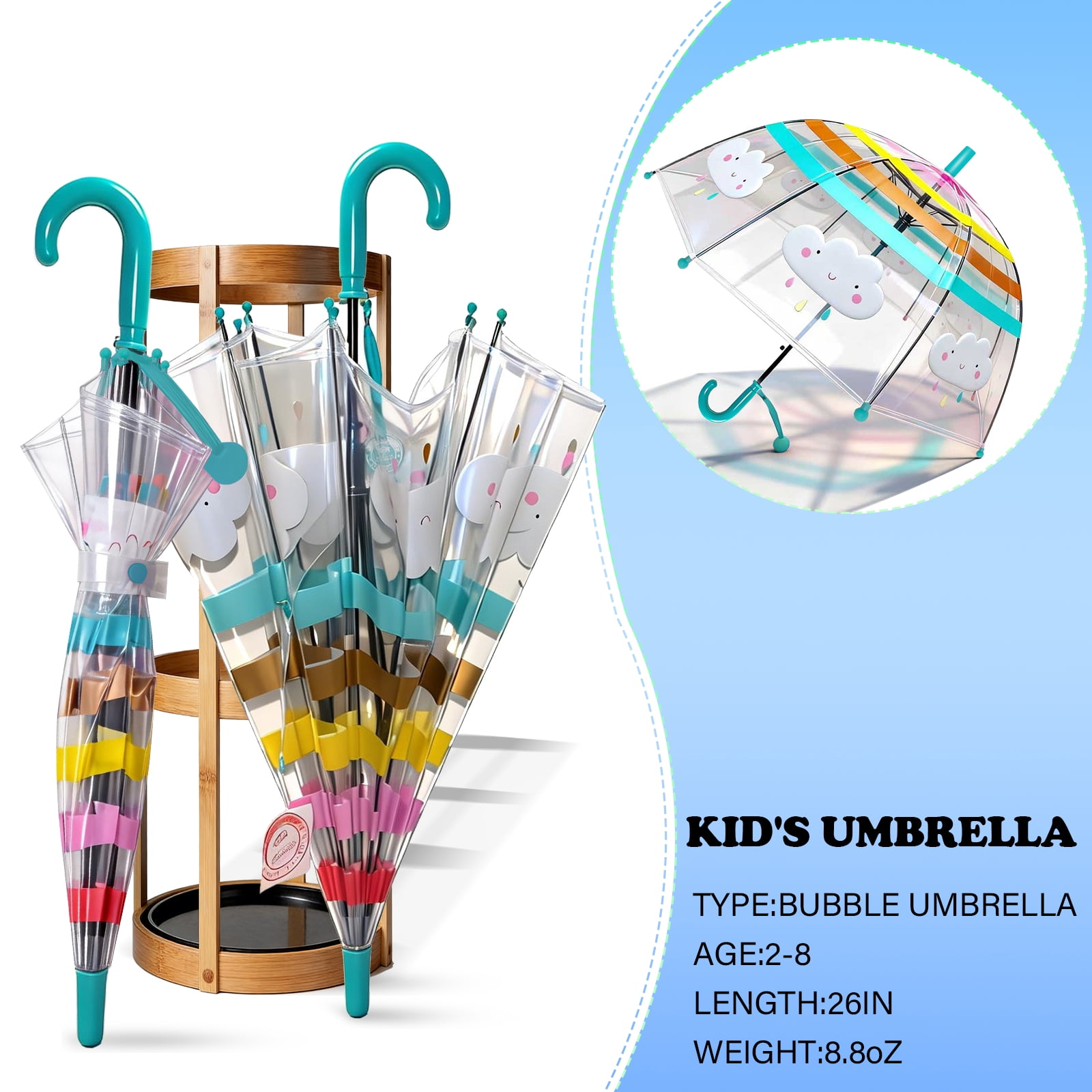 2 Pcs Kids Clear Bubble Umbrella, Unicorn Pattern with Easy Grip Curved Handle, Safe Transparent Umbrella for Toddler Girls