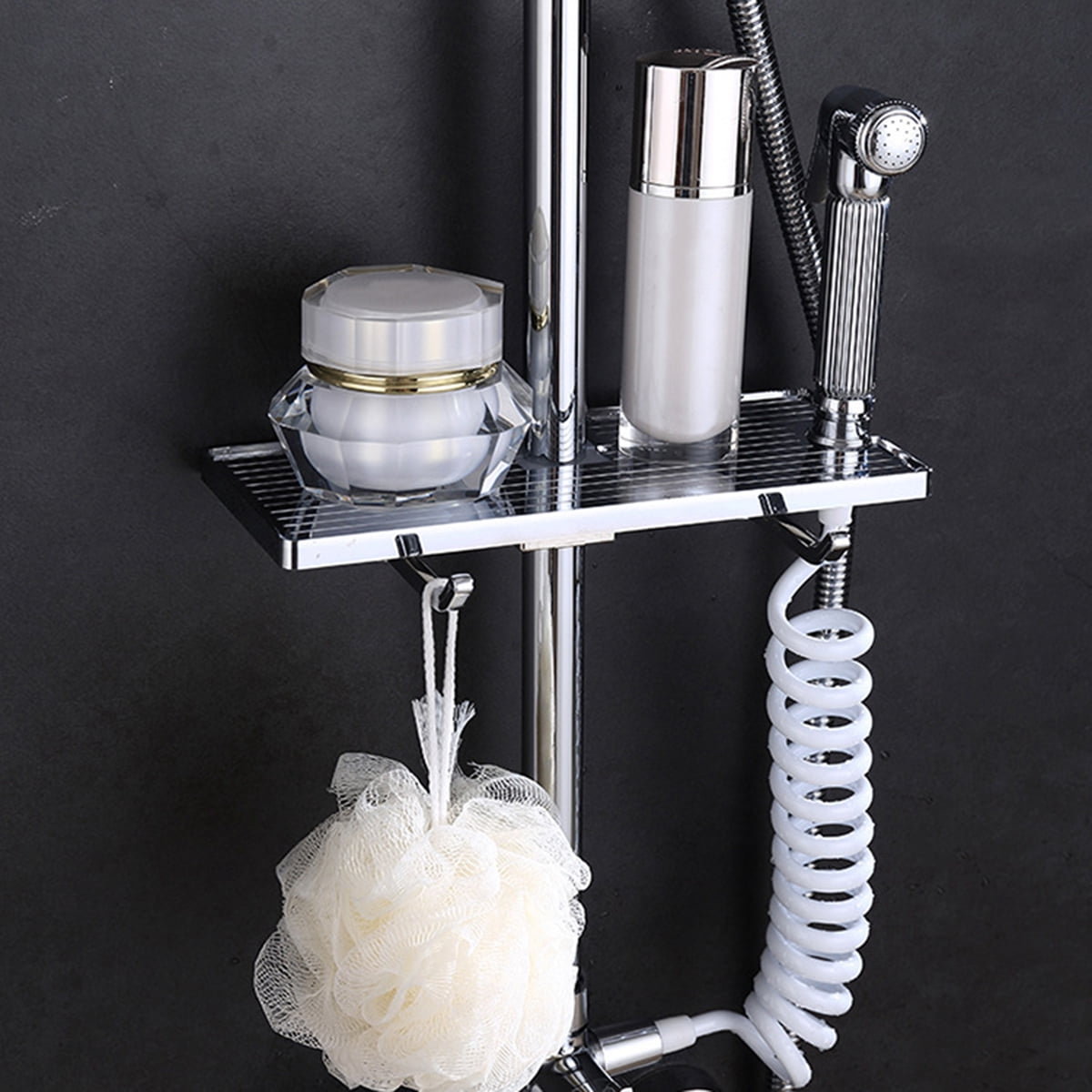 Bathroom Adjustable Bath Pole Rack Shower Caddy Shelf Storage Hanging