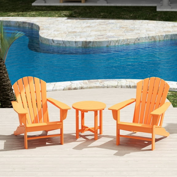WestinTrends Dylan Adirondack Chairs Set of 2 with Side Table, All Weather Poly Lumber Outdoor Seating Patio Conversation Bistro Set, Seashell Curved Slat Backrest, Orange