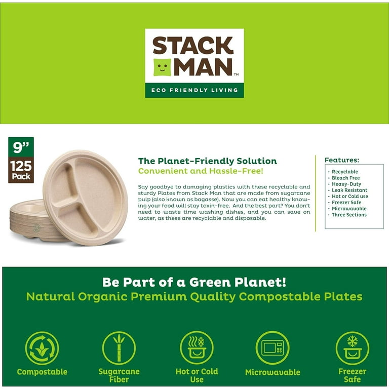 Stack Man 100% Compostable 9 inch Paper Plates [125-Pack] Heavy-Duty Plate, Natural Disposable Bagasse Plate