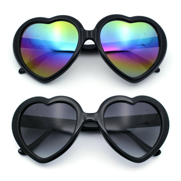 Womens Rusta Rainbow Mirror Lens Plastic Frame Heart Shape Sunglasses [2-pc] Black Mirror & Black Smoke