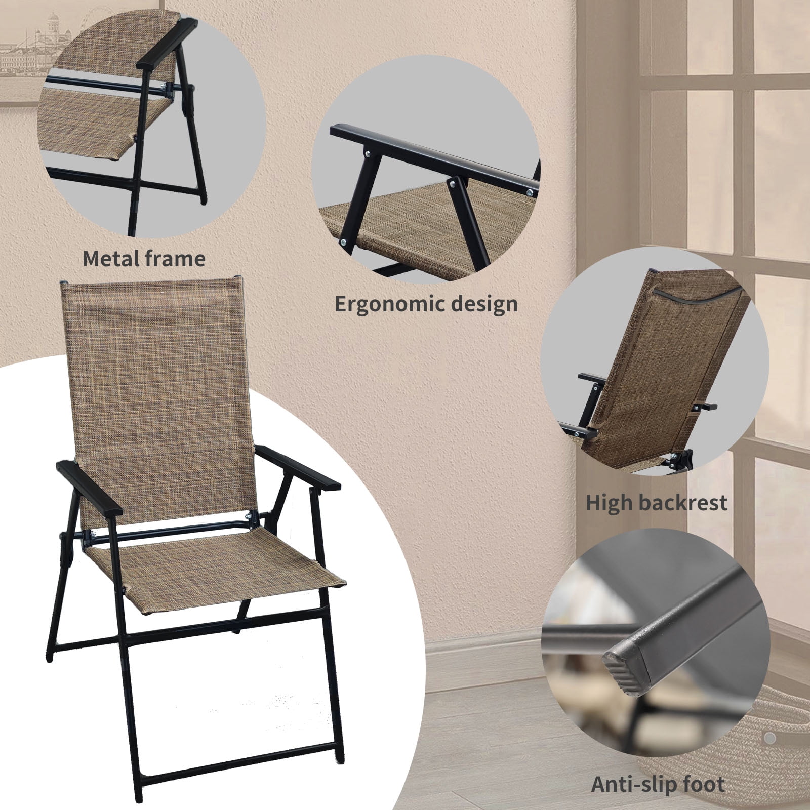 SHGJ&SOFT Set of 2 Folding Chairs，Outdoor Patio Chair with Armrests for Porch Camping Pool Beach Deck Lawn Garden (Brown, 2 PC)