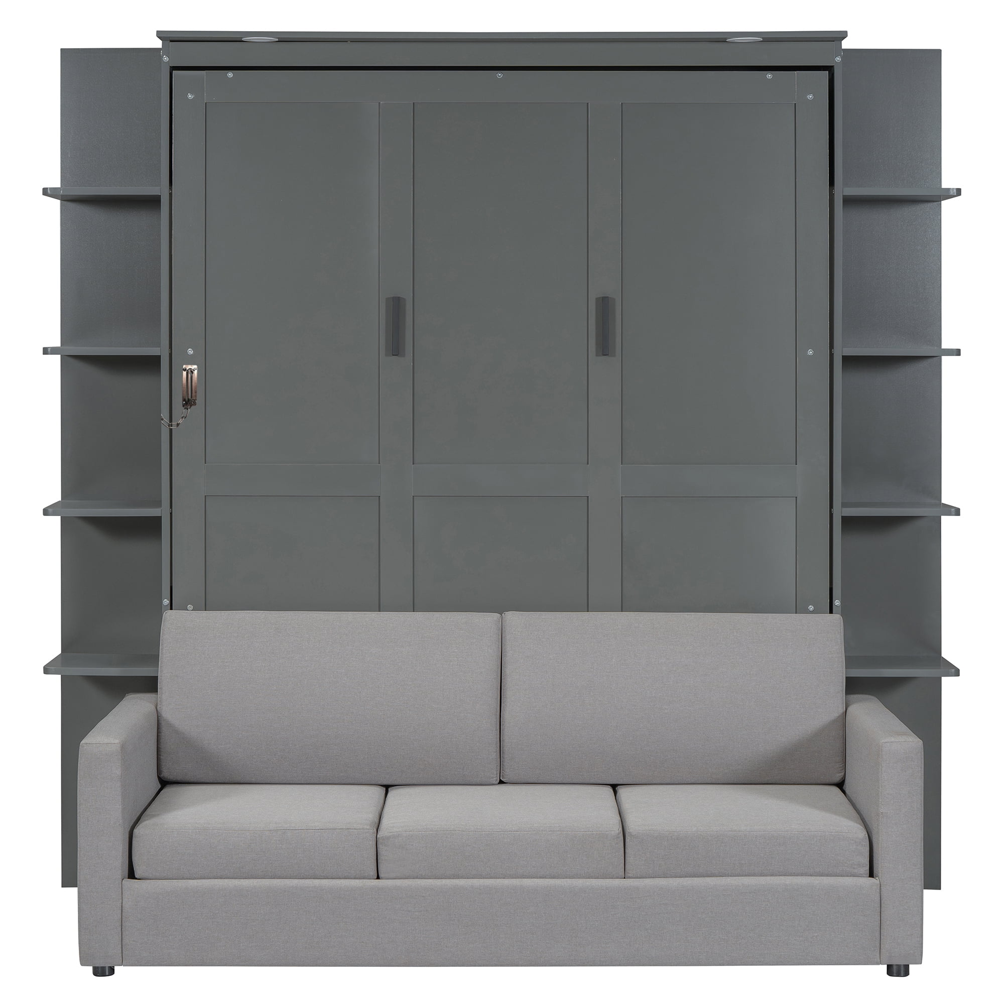 Mintazer Queen Murphy Bed with Sofa & Side Shelves, Modern Foldable Wall Bed with LED Lights for Bedroom Apartment Guest Room, Gray