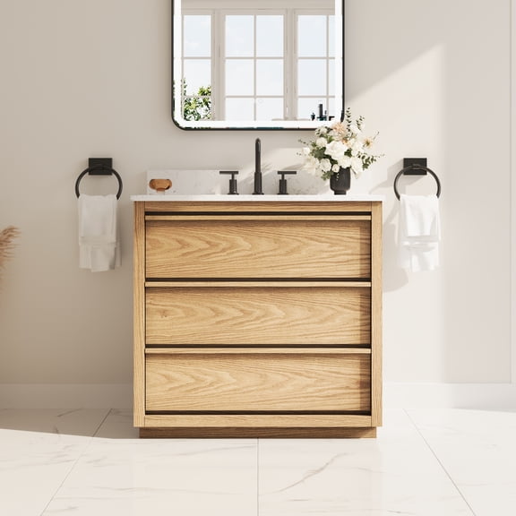 ANGELES HOME 36" Freestanding Bathroom Vanity with Carrara White Quartz Top and Undermount Sink, Oak Wood, 3 Soft-Close Drawers