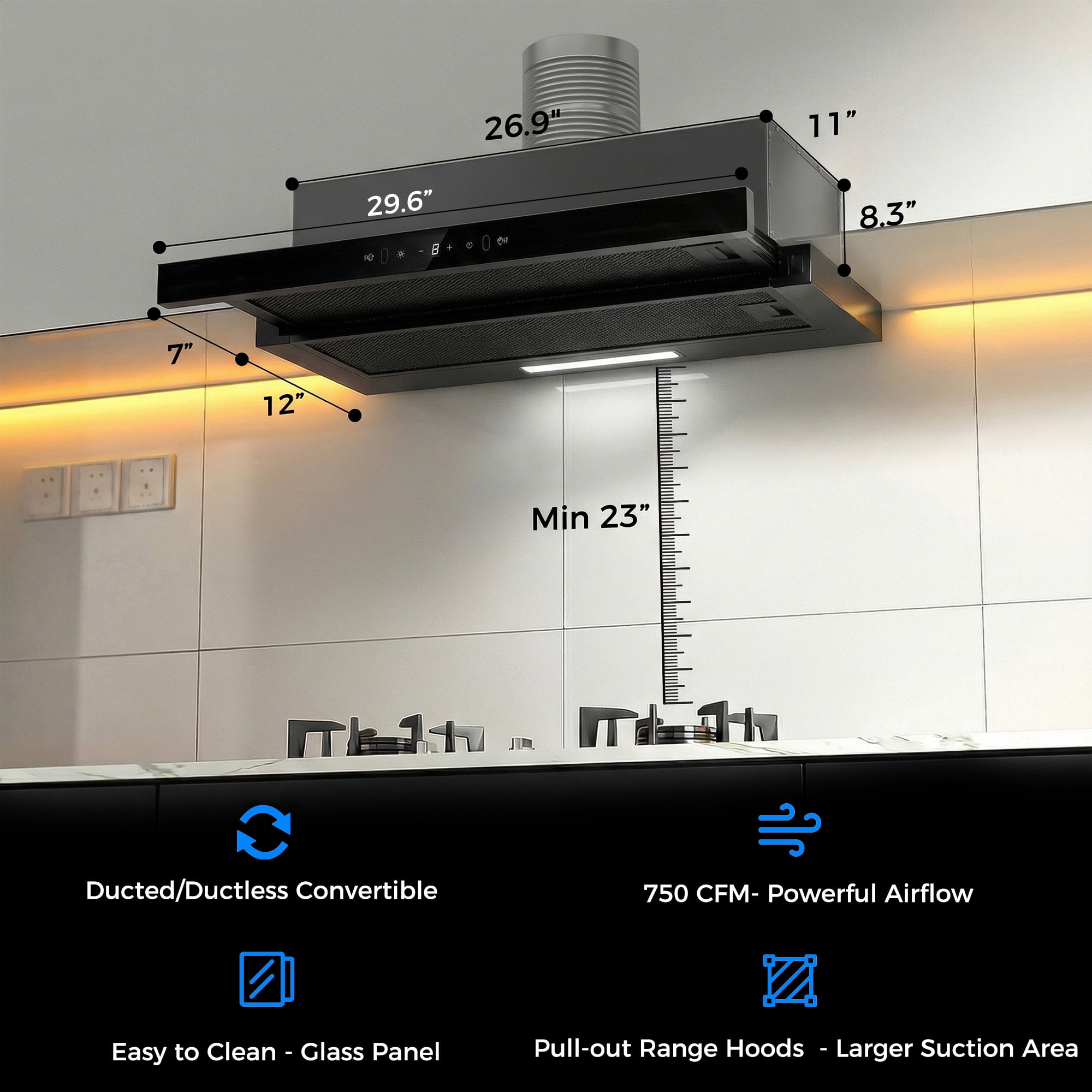 Advwin 30 Inch Range Hood Under Cabinet, 750 CFM Kitchen Vent Hood, Gesture & Touch Control, Black