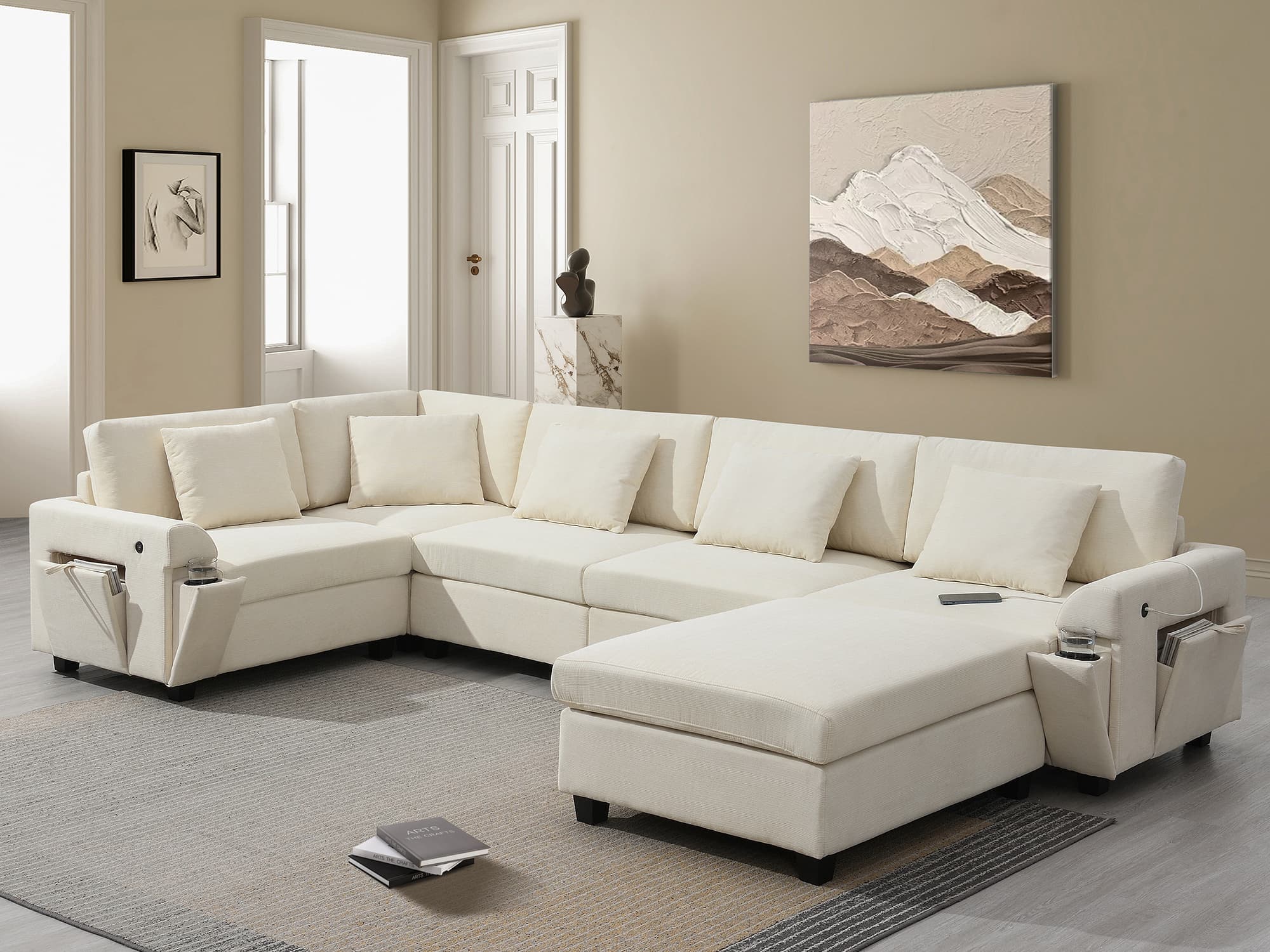 MAYEERTY 128x67" U-Shaped Sectional Sofa - 6-Seat Chenille Couch with Ottoman/Armrest Storage/Cup Holders/USB, Wide Seat for Living Room/Apartment, 2 Colors