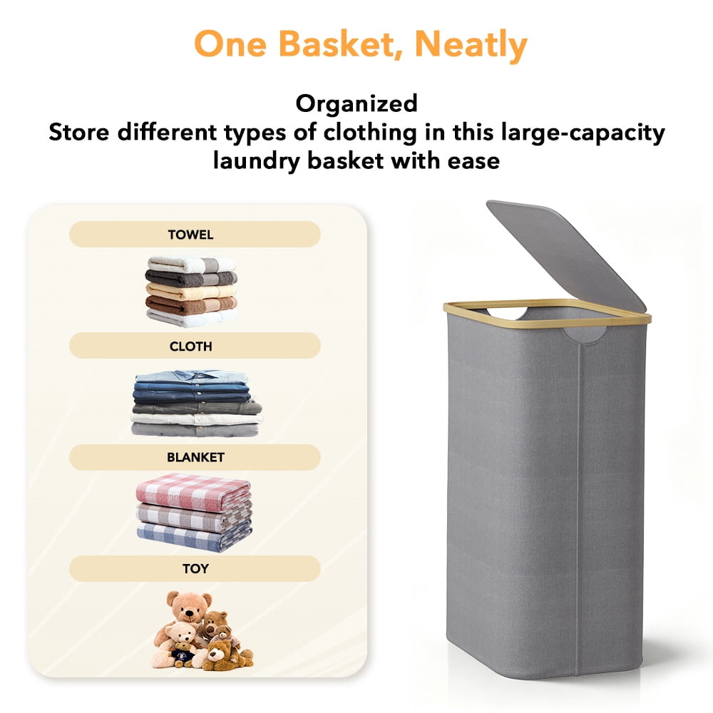 PLUMEBAY 110L Laundry Hamper with Lid, Large Foldable Clothes Basket with Bamboo Handles, Tall Fabric Hamper for Bedroom, Bathroom, Dorm, Grey