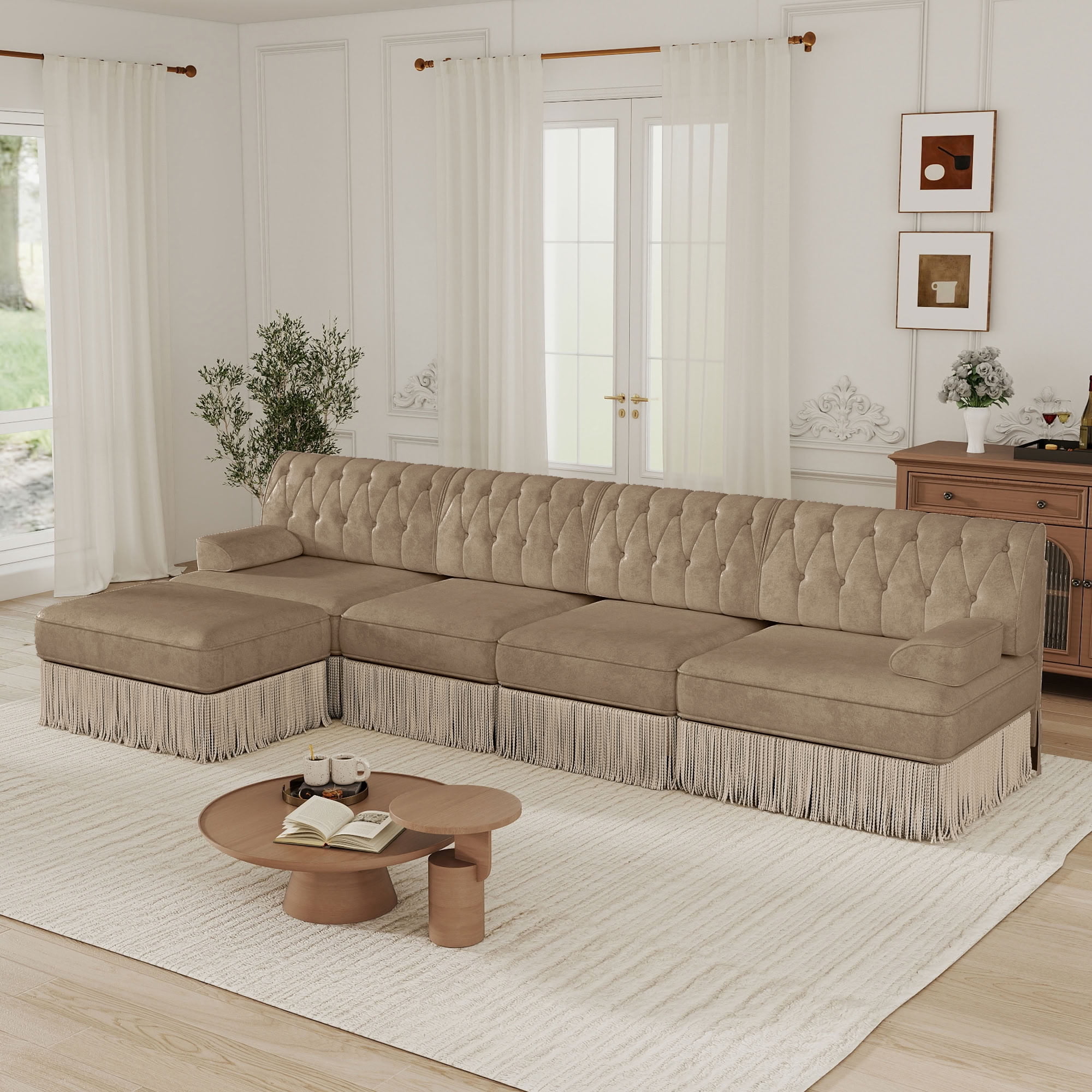 MAYEERTY 135 Inch L-Shaped Sectional Sofa, Pet Friendly Chesterfield Modular Couch with Ottoman, Wooden Base for Living Room Bedroom Rest Area