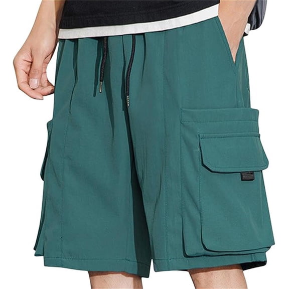 Mens Shorts Summer Solid Color Loose Cargo Drawstring Gym Shorts Men Streetwear,Green,XXXL