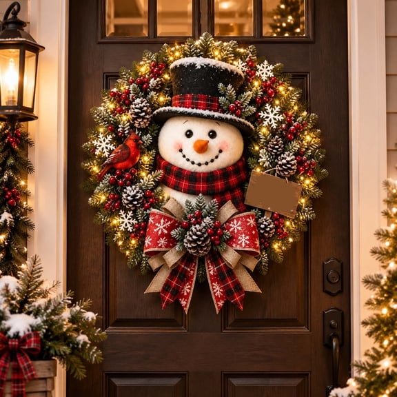 Feledorashia Lighted Snowman Wreath, Christmas Door Wreath, Illuminated Holiday Hanging Accent for Front Door Window Wall or Mantel, Cloth Snowman Wreath for Front Doors and Interior Walls