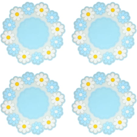 Coasters for Drinks Cute Coaster for Coffee Table Set of 4 Non-Slip PVC Silicone Coasters for Tabletop Protection Daisy Flower Pattern Heat Insulation Placemat (4 Blue)
