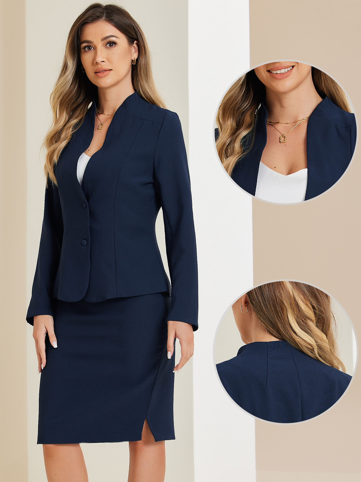 DARING DIVA Women's 2-Piece Business Blazer Pencil Skirt Suit Set XL Dark Blue