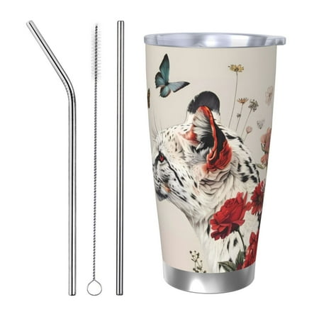 

Goofa Floral Leopard Butterflies for 20 oz Skinny Tumbler Stainless Steel Coffee Mug Slim Vacuum Insulated Travel Cup Car Cup-Straw Three-piece Set