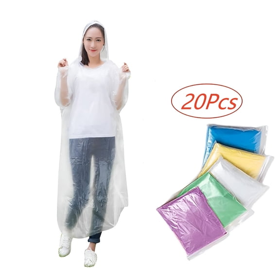TELOLY Disposable Rain Ponchos for Adults with Drawstring Hood - Emergency Rain Ponchos Family Pack for Women and Men, Clear (20Pcs)