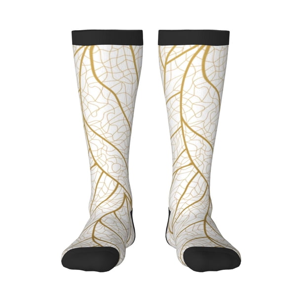 Fotbe Elegant Gold Leaf Pattern Calcetas Divertidas Estampadas para Hombre y Mujer, Calcetas de Algodón hasta la Rodilla para Caminar, Correr, Enfermería y Embarazo