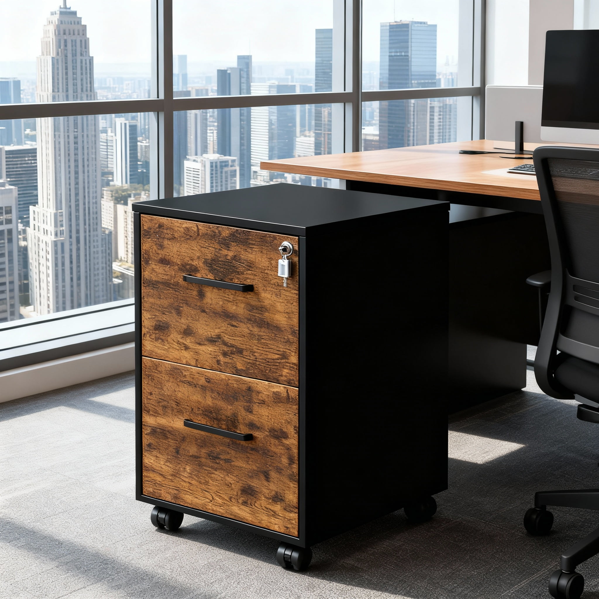 LEDREM File Cabinet with Lock, Pre-Assembled Office Filing Cabinet, 2 Drawers for A4/Legal/Letter Documents, 17.7 x 14.4 x 25.4 Inches, Rustic Brown and Black