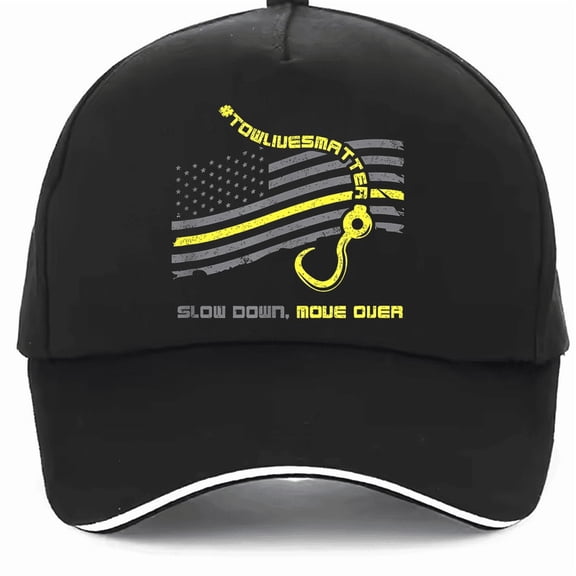 Men's & Women's Tow Truck Operator Safety Awareness Baseball Cap Lightweight Polyester Casual Black Hat with American Flag & Yellow Text Design, Adjustable Snapback Closure for Truck Enthusiasts &