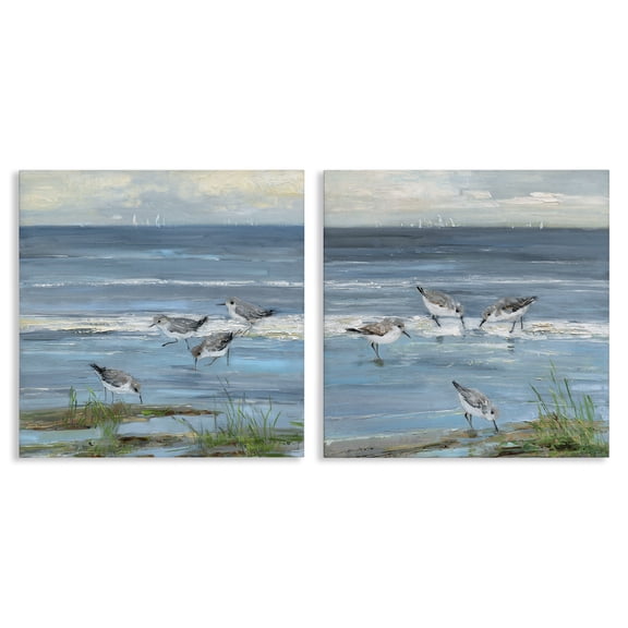 Stupell Industries Beach Shore with Sandpipers & Grasses Landscape & Nature Painting Wrapped Canvas Canvas Art Print Wall Art, 17 x 17, Set of 2