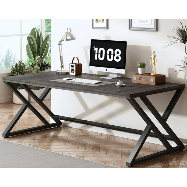 Modern Office Desk Large Long Wood Metal Computer Desk Industrial Double Executive Desks for Two People Rustic PC Workstation Work Study Writing Computer Table for Home Light Grey Oak