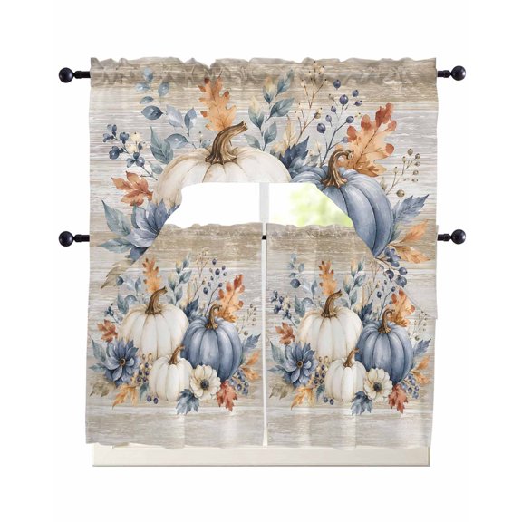Thanksgiving Pumpkins Kitchen Curtains Set for Windows 3 Piece Cafe Curtains 36 Inch Length Swag Curtains Valances and Tier Set Fall Botanical Floral Vintage Autumn Drapes for Bedroom Bathroom