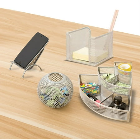 Pro Space 5 Piece Desk Organizer Set, Includes Document Holder, Business Card Holder, Accessory Cup, Phone Stand and Desk Corner Organizer (Silver)