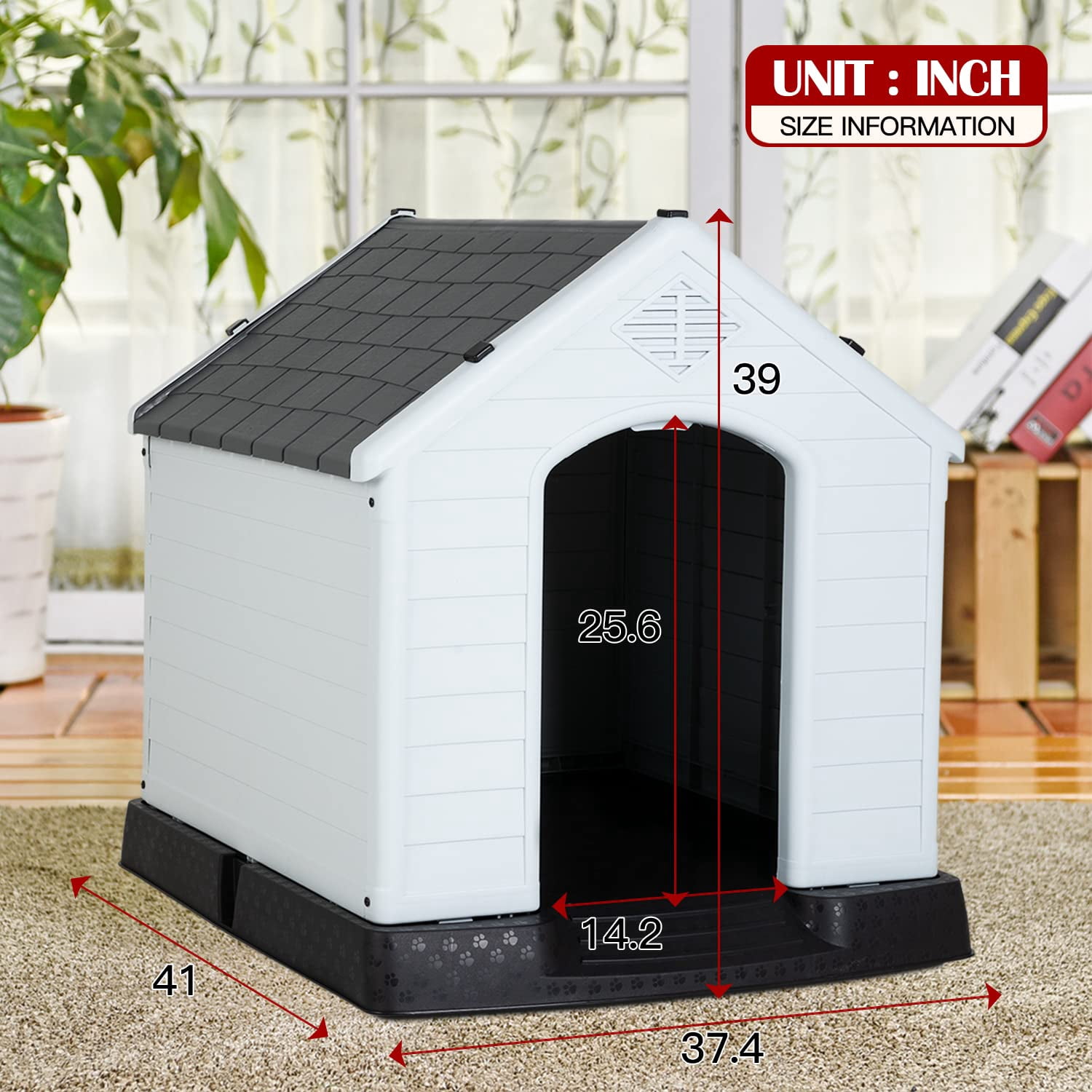 Large Dog House Plastic Dog Kennel Indoor Outdoor for Large Dogs, 39 inch All Weather Doghouse Puppy Shelter with Air Vents and Elevated Floor Ventilate,Grey