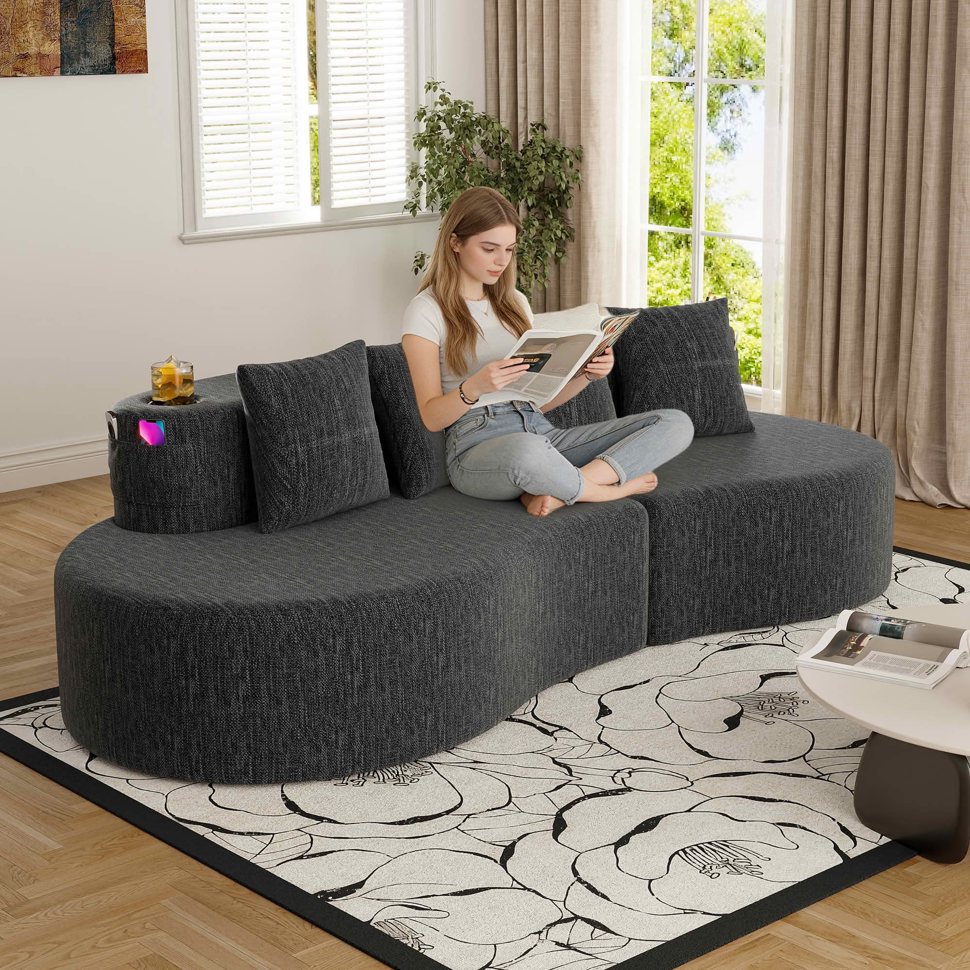 MAYEERTY Curved 3-Seat Modular Sectional Sofa, Minimalist Half Moon Chenille Couch for Living Room & Apartment