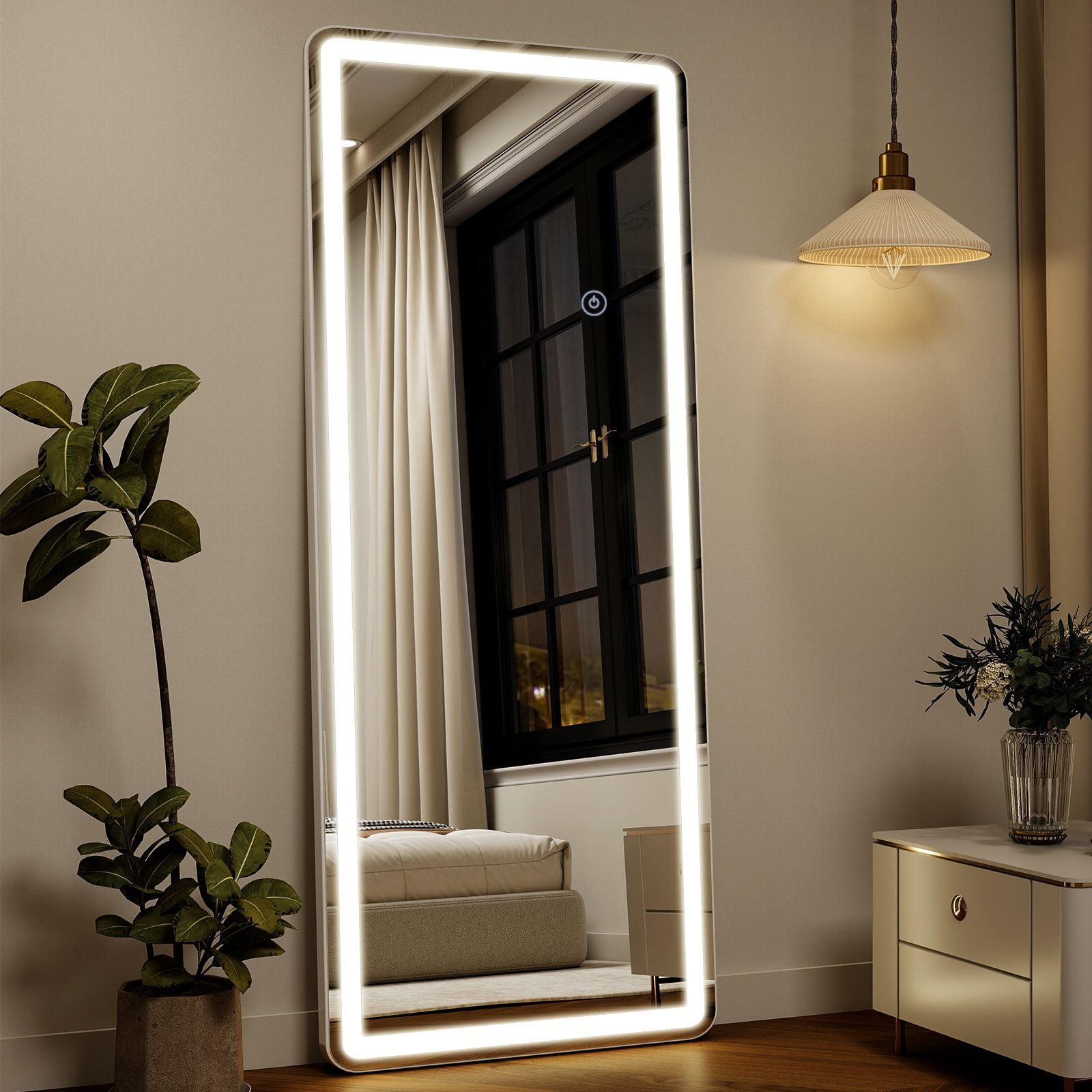Easy4Home 63" x 20" LED Rectangular Full Length Mirror with Adjustable Lights Standing Mirror Wall Mounted, White